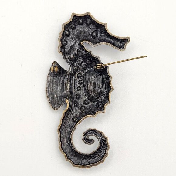 Rhinestone Seahorse Antique Gold Tone Brooch Pin Embellishment Jewelry Blue - Picture 3 of 4